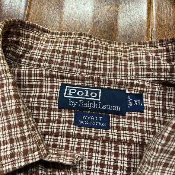 Polo Ralph Lauren Wyatt Vintage Button Down Cotton Plaid Brown White Shirt XL - Picture 7 of 9